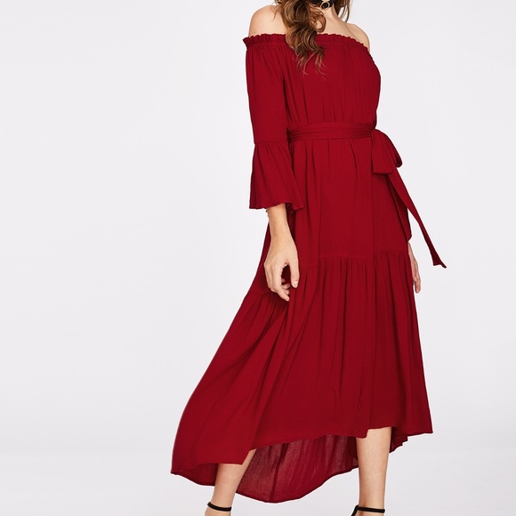 Perfect Red Bell Sleeve Bardot Dress - Picture 2 of 8